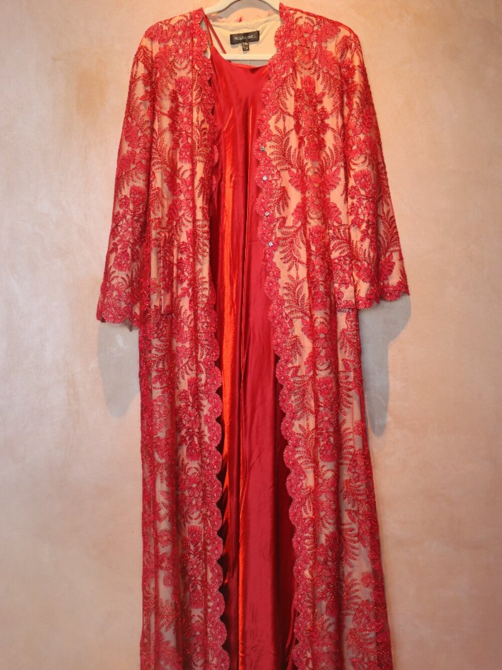 Tadashi Shoji Red Lace Duster + Satin Slip Dress Two Piece Set S/M Formal Gown